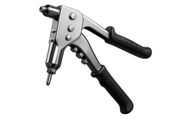 Professional silver rivet gun tool isolated on transparent background, close-up