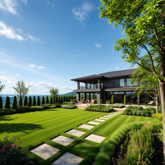 Naklejka premium A large house with a lush green lawn and a path leading to it