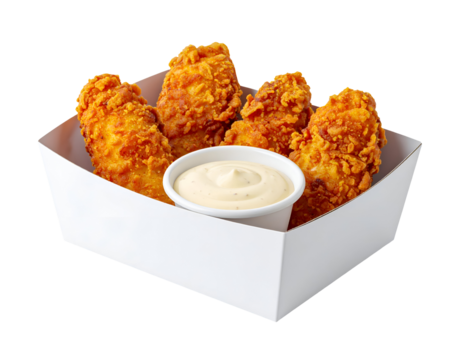 crispy fried chicken bites with creamy white dipping sauce in white takeaway box, golden crunchy texture fast food on isolated background
