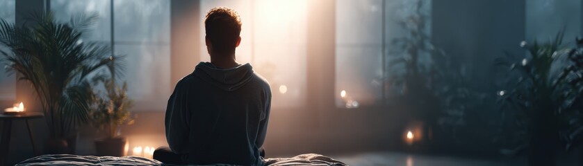 Fototapeta premium A person sits on a bed, facing a softly lit window in a dim, tranquil room with plants and candles creating a peaceful atmosphere.