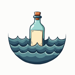 Message in a Bottle Floating on the Water Cartoon Illustration with Cork Stopper and Blank Paper