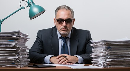 Overwhelmed businessman sits at his desk surrounded by towering stacks of paperwork, looking stressed and weary under a desk lamp.