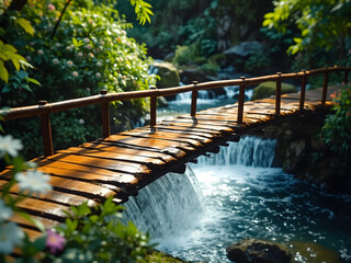 A wooden bridge spans a river with a waterfall in the background