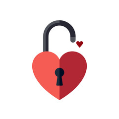Heart Shaped Padlock Open with a Small Heart Floating Above, Representing Love and Security in a Flat Design