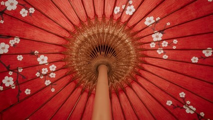 Traditional Japanese red umbrella with cherry blossom pattern. Artistic image, unusual composition, angle from below