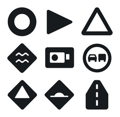 Road Sign Icons. Solid, filled icons set of highway and street regulation signs: speed limit circle, no