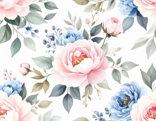 手描き風ピンクローズとブルーリーフのシームレスパターン