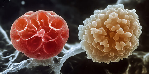 Scanning electron microscopic image of red blood cell and white blood cell closeup