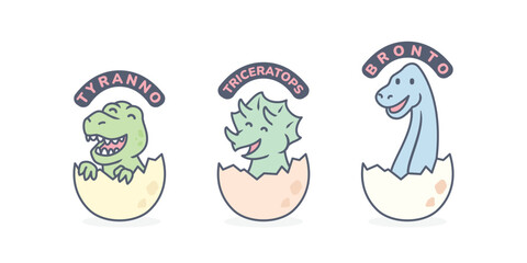 Cartoon vector illustration set of dinosaurs including Brontosaurus, Triceratops, Tyrannosaurus rex hatching from the eggs. Pastel colorful cute funny baby prehistoric animal