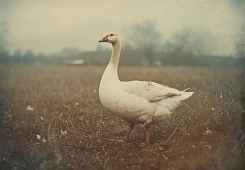 observable defects of a vintage lens : average sharpness and chromatic aberration. example on a goose in a pasture.