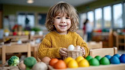 Fototapeta premium A joyful child in a classroom holding a basket of eggs surrounded by colorful learning tools