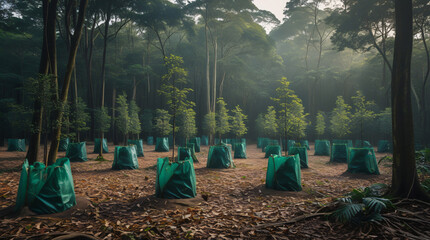 A dense forest with a clear canopy, healthy undergrowth, and protected saplings enclosed in biodegradable guards. Signs of afforestation visible, with fallen leaves on a clean forest floor. Soft morni