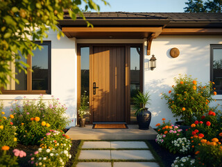 A house with a wooden front door and a porch with a variety of flowers