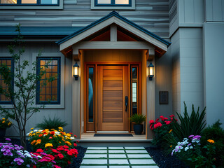 A house with a wooden front door and a porch with a flower garden