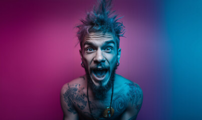 Man with colorful hair and tattoos expresses joy against a vibrant pink and blue backdrop in a lively atmosphere