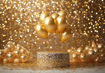 Podium birthday balloon gift gold background product festive golden stand platform winner stage. Balloon 3d confetti birthday party pedestal podium display anniversary scene premium award card banner
