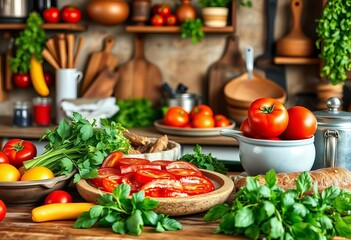 Rustic Italian kitchen setting with fresh ingredients,  overhead,  appetizing
