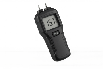 Digital wood moisture meter isolated on transparent background, showing 15.7%