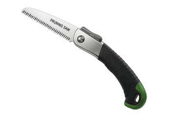 Folding pruning saw with green and black handle isolated on transparent background