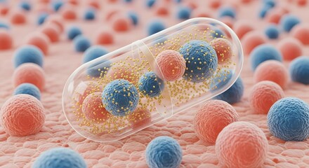 Microscopic View A transparent capsule releasing vibrant blue and red microspheres onto a textured pink surface. Detailed 3D rendering.