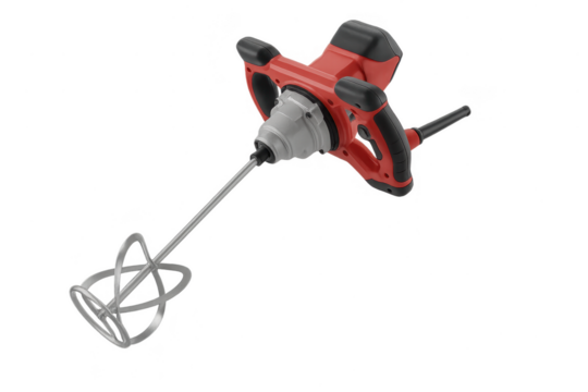 Red electric plaster mixer with mixing paddle isolated on transparent background