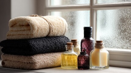 Spa Products on Towels Near Window, Generative ai