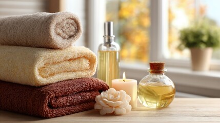 Spa Products on Towels Near Window, Generative ai