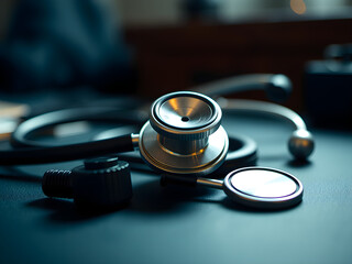 A stethoscope is on a table with a book and a remote