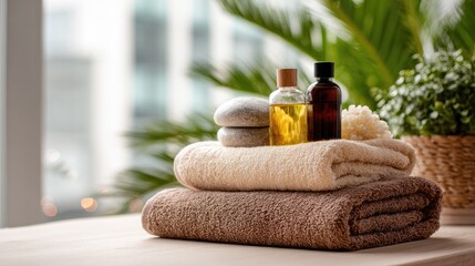 Spa Products on Towels Near Window, Generative ai