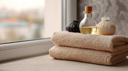 Spa Products on Towels Near Window, Generative ai