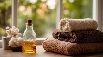 Spa Products on Towels Near Window, Generative ai