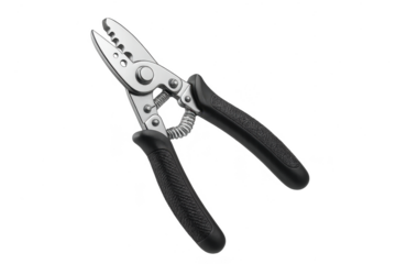 Professional chrome wire stripper tool with black handles isolated on transparent background