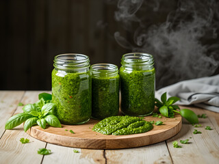 Three jars of green pesto are on a wooden cutting board