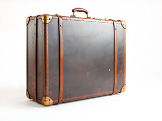 A brown suitcase with a gold handle sits on a white background