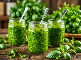 Three jars of green sauce sit on a wooden table