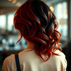 A woman with red hair and a black streak in her hair