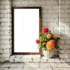 A white vase with a bouquet of flowers sits on a brick wall