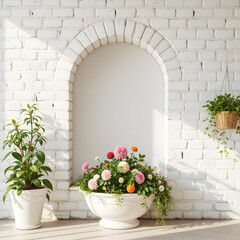 A white brick wall with a flower pot in the middle