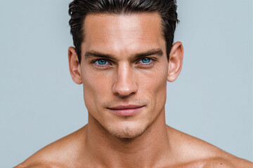 Obraz premium Studio portrait of a confident man with blue eyes and clear skin. Male beauty and skincare concept with natural expression and well-groomed appearance.