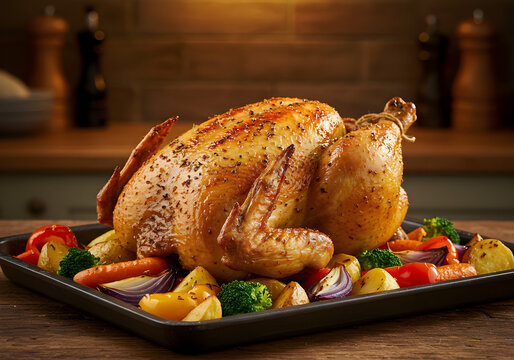 Roasted Thanksgiving Turkey with Vegetables | Whole Roasted Chicken on Tray for Holiday Dinner, Food Photography and Recipe Promotion