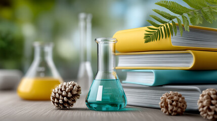 A vibrant display of STEM education materials with colorful books and laboratory flasks