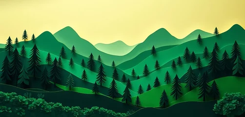 Fotobehang Layered green paper cut hills and trees form a stylized forest landscape ,  art,  abstract © Baraboom