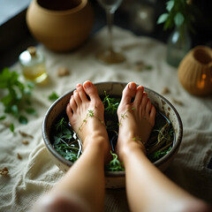 A woman's feet are in a bowl of water with plants in it
