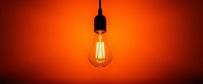 Fototapeta Modern minimalist hanging light bulb illuminates dark room,  hanging,  room