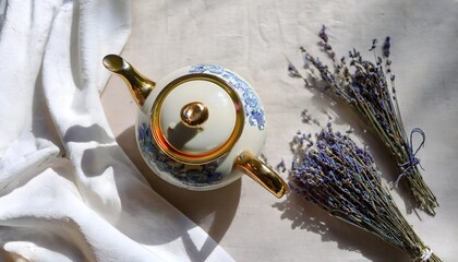 High-resolution flat lay still life composition featuring a vintage porcelain teapot 