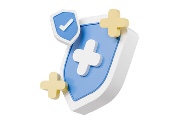 3d Shield with a cross icon symbol on isolated purple background. Protection of health from diseases. Healthcare security insurance medical concept. 3d Minimal insurance blue shield icon. 3d render.