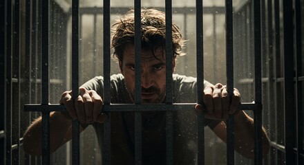 Despair and confinement are palpable as a man's face peers through prison bars, his eyes conveying a profound sense of isolation and hopelessness.