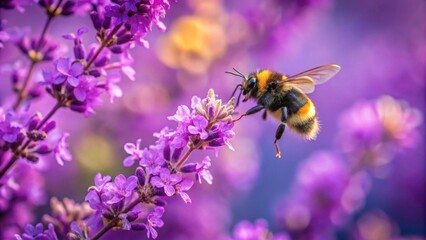 A fuzzy bumblebee in flight gracefully approaches a cluster of vibrant purple blossoms, its legs delicately poised to gather nectar from the delicate petals.