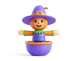 3D cute scarecrow icon perched on a bowl edge, colorful Halloween style, minimal white or blurred backdrop