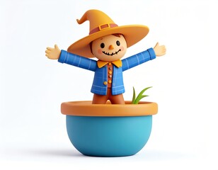 3D cute scarecrow icon perched on a bowl edge, colorful Halloween style, minimal white or blurred backdrop